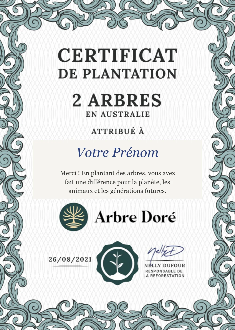 Certificat de plantation Arbre Doré, attribué à votre prénom
